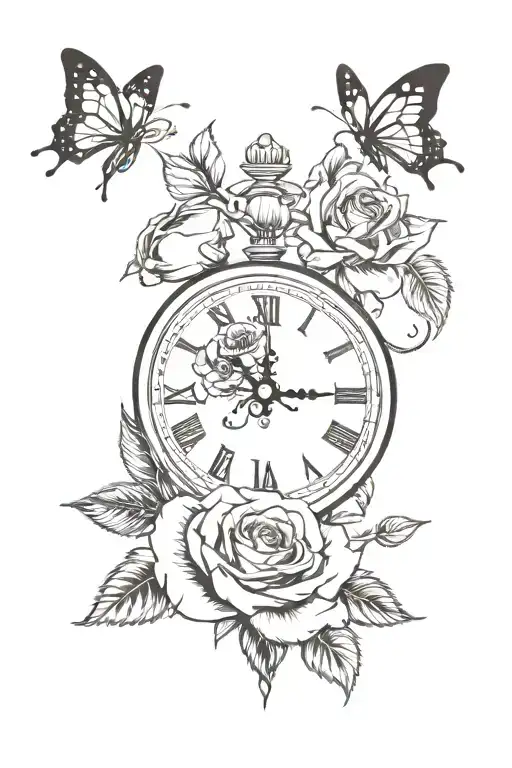 roses with butterflies forming clock hands tattoo design idea