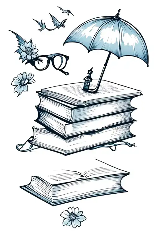 stack of three books, top one is open. tardis, Mary Poppins umbrella, wyvern, flowers, and Harry Potter glasses flying tattoo design idea