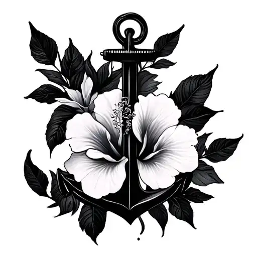 map silhoutte anchor hibiscus flowers tattoo design idea