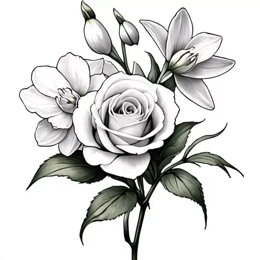 dainty snowdrop, dainy rose and dainty narcissus flowers tattoo design idea