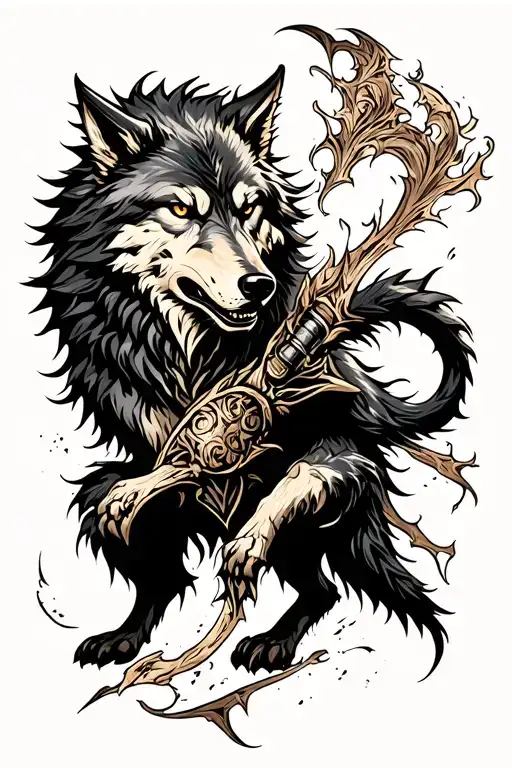 A fierce wolf engaged in combat, symbolizing strength and resilience tattoo design idea