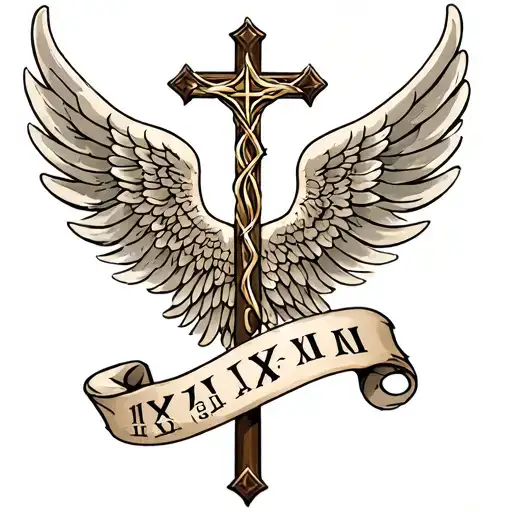 catholic cruse, 11 and 8 in roman numeral with wings for forearm tattoo design idea
