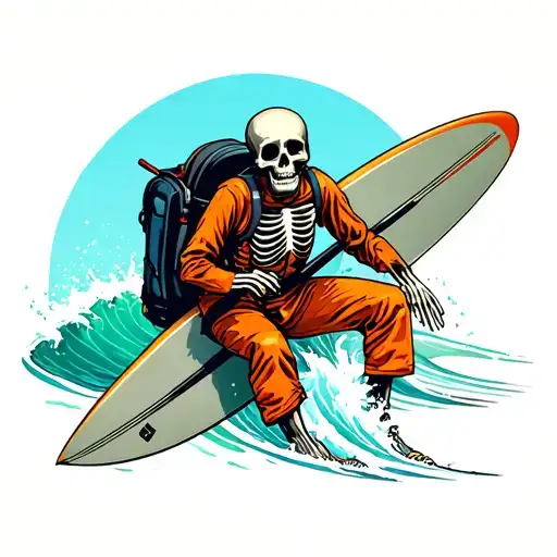 surfing skeleton in orange jumpsuit and a black headsack tattoo design idea