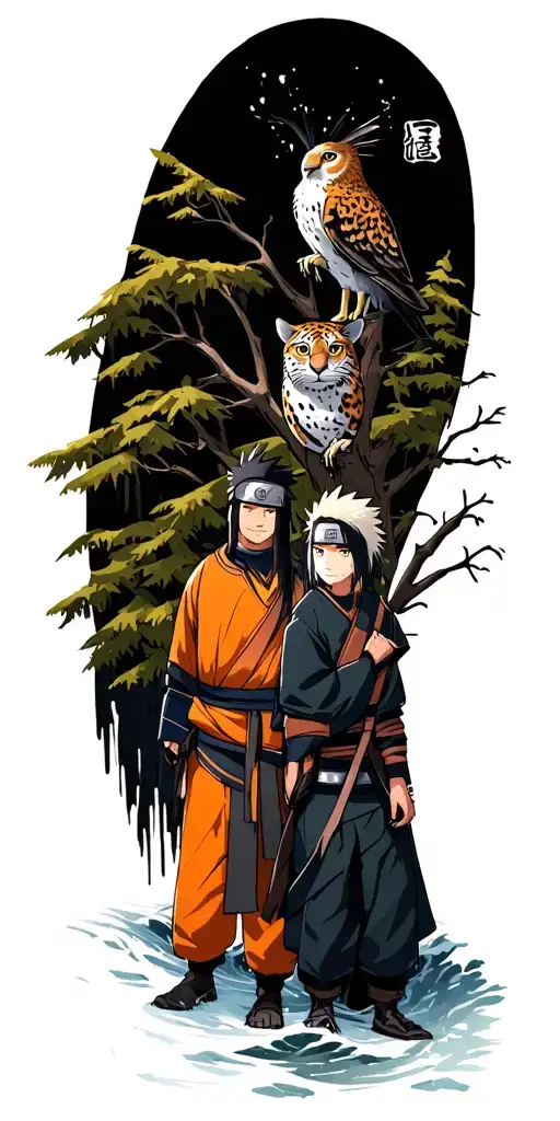 Icy forest with Naruto characters (Itachi and Kakashi). Trees with stream, snow leopard, perigine falcon and snow owl tattoo design idea