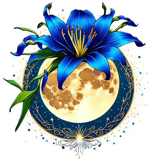 blue spider lilly and a golden full moon with sparkles around it tattoo design idea