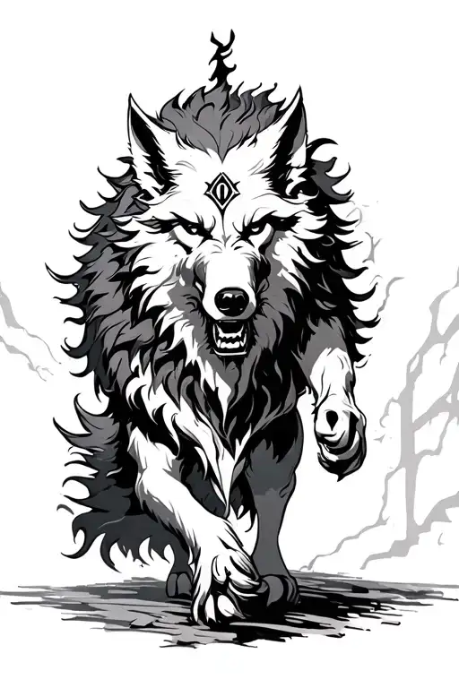fenrir walking forward runes above head tattoo design idea