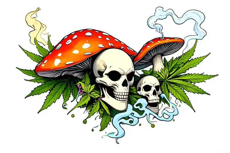 mushroom weed acid alien and skulls smoking  tattoo design idea