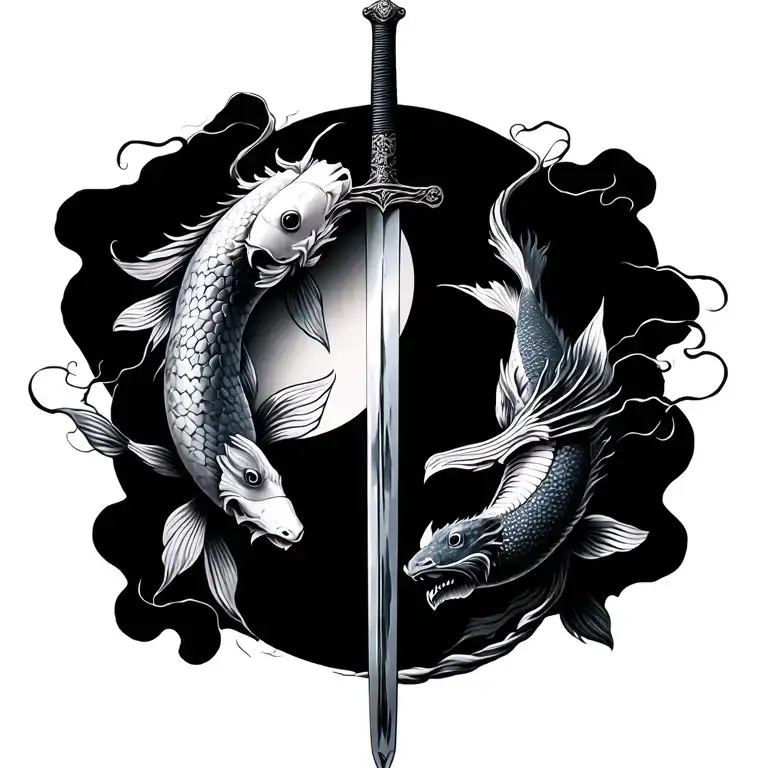 japanese sword surrounded by two koi fish yin yang and dragon wrapped around the sword tattoo design idea