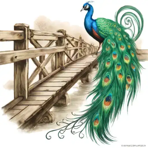 wooden bridge with peacock feather intertwined tattoo design idea