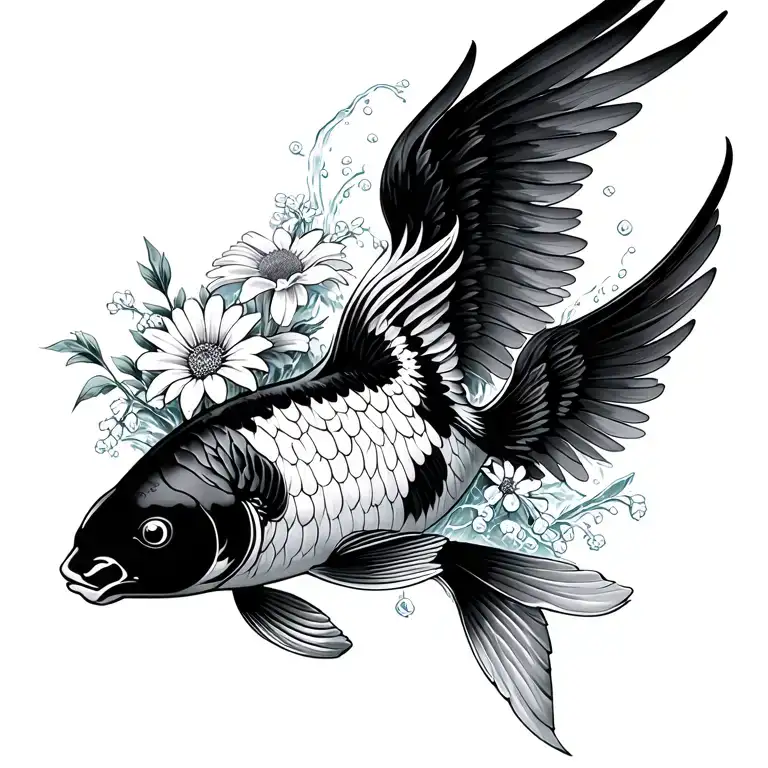 jumping Up out of water black white koi with phoenix wings, bouquet with an aster, a daisy, a lily of the valley tattoo design idea