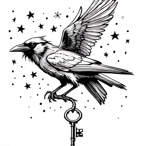 "A raven mid-flight, wings scattered with stars, carrying a withered key in its beak – fine line mystic tattoo style" tattoo design idea