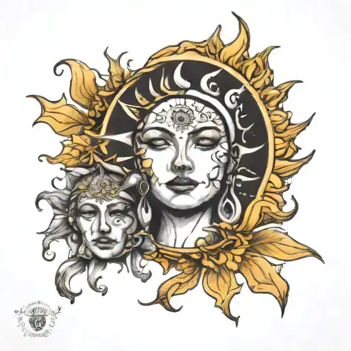 sun, moon, women face tattoo design idea