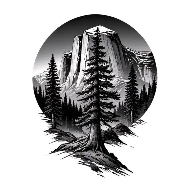 Yosemite half dome with single large redwood tree tattoo design idea