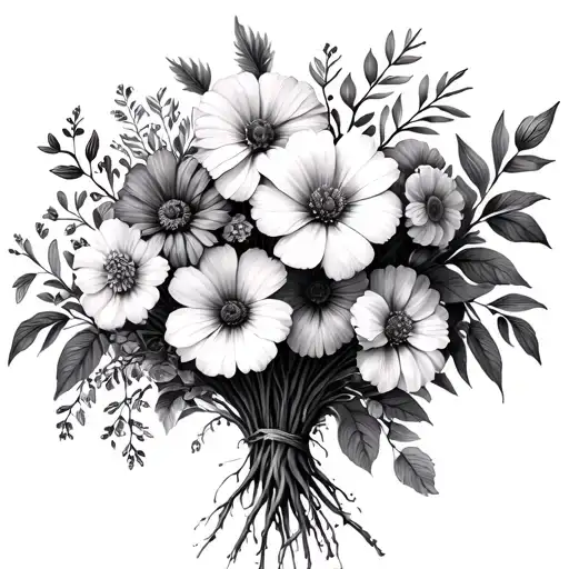 February, June, July and November birth flowers in a bunch with Tasker on roots of flowers tattoo design idea