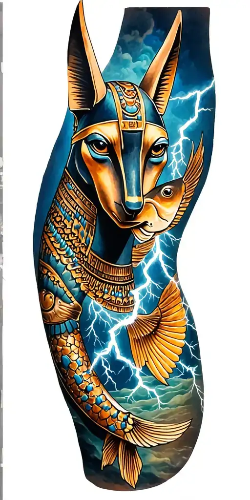 viking rume and Anubis and fish and lightning bolt Featuring Anubis and Fusion Of Inka And Egyptian Symbolism tattoo design idea