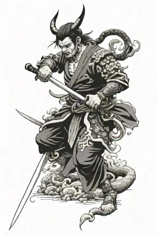 Japanese devil samurai pointing sword at fallen demon tattoo design idea