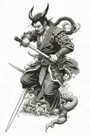 Japanese devil samurai pointing sword at fallen demon tattoo design idea