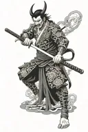 Japanese devil samurai pointing sword at fallen demon tattoo design idea