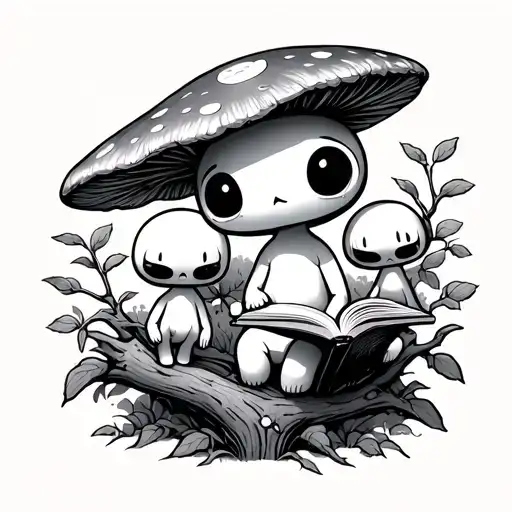 Black/grey Studio Ghibli Kodama tattoo. 4 Kodama: 1 reading on mushroom, 1 contemplating on branch, 1 hanging upside dow tattoo design idea