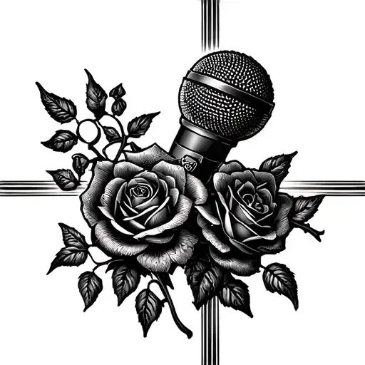 A microphone intertwined with vines of thorn roses, representing the passion for singing and Christianity tattoo design idea