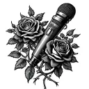 A microphone intertwined with vines of thorn roses, representing the passion for singing and Christianity tattoo design idea