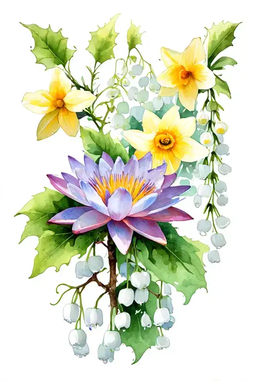 Water lily, holly, daffodil, narcissus, aster, cosmos, and a lily of the valley growing on a vine tattoo design idea