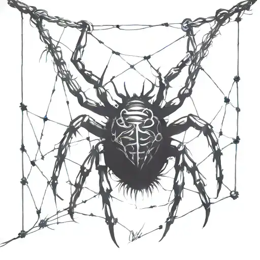 A gothic cybersigilism spider hanging from a barbed wire fence tattoo design idea