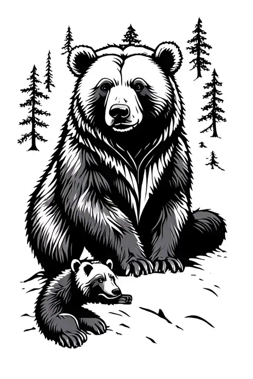 bear w cubs in woods tattoo design idea