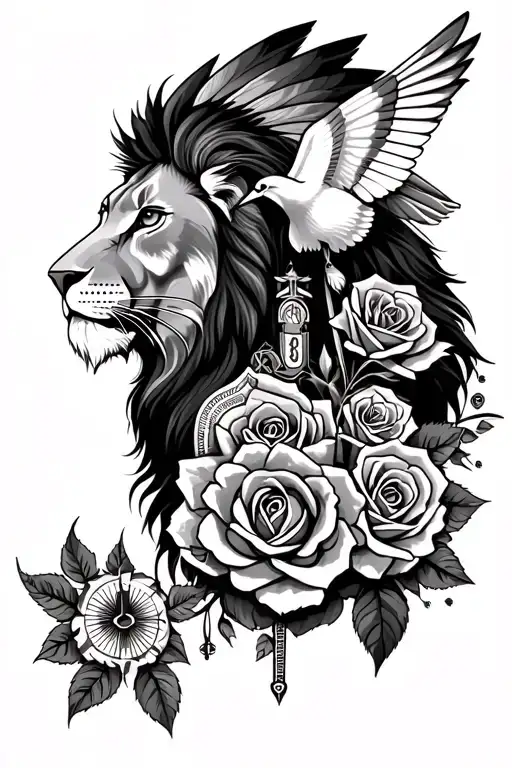 Lion ,roses ,compass ,dove ,money and native Indian half sleeve tattoo design idea