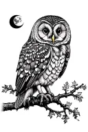 barred owl with moon and oak tree tattoo design idea