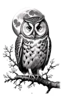barred owl with moon and oak tree tattoo design idea