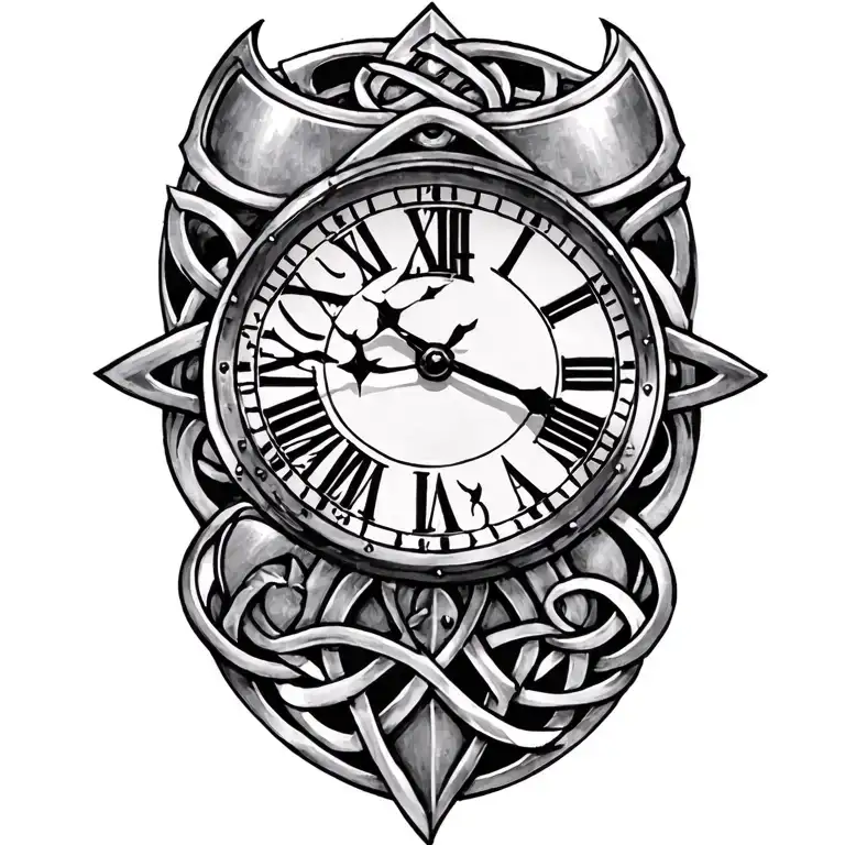 clock face on armor tattoo design featuring Celtic trinity knot  tattoo design idea