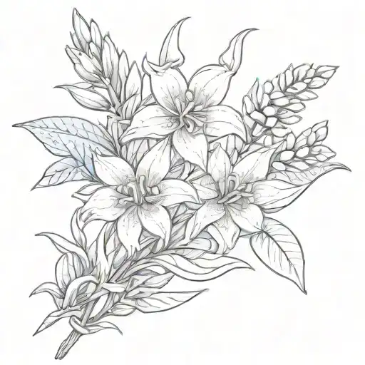 hand holding bluebonnet, edelweiss and heliconia flower stalk tattoo design idea