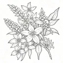 hand holding bluebonnet, edelweiss and heliconia flower stalk tattoo design idea