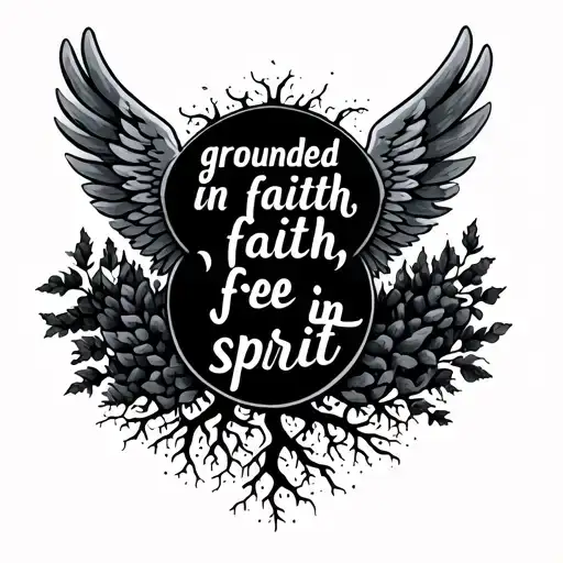 quote "grounded in faith, free in spirit" with wings and roots tattoo design idea