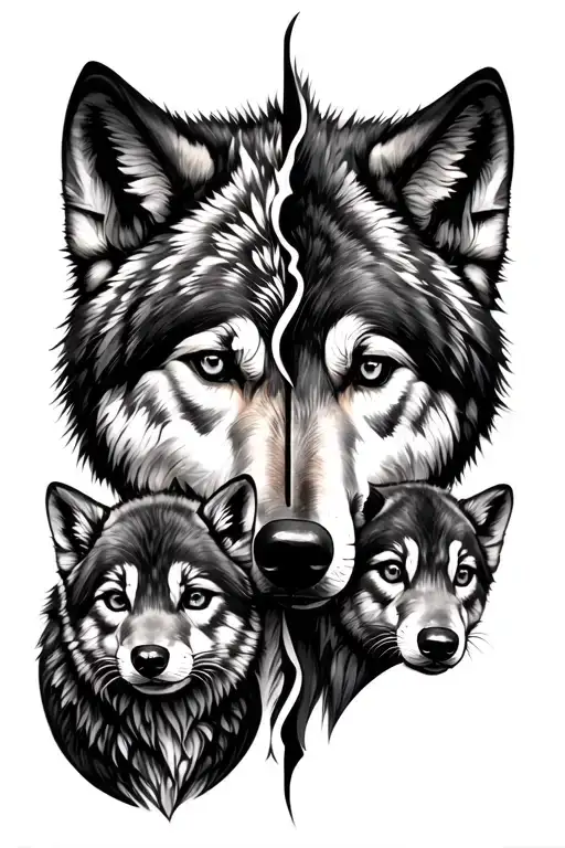 split half wolf face with 3 cubs face only way tattoo design idea