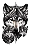 split half wolf face with 3 cubs face only way tattoo design idea