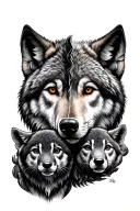 split half wolf face with 3 cubs face only way tattoo design idea
