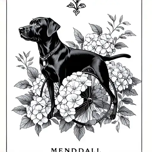 labrador/dog, hydrangeas, penny farthing, tarot card, mendala tattoo design idea