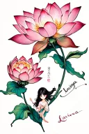 Lotus flower on shoulder with airy petals. “Lavinya” in script along stem. Small girl figure inside the flower. Fine-lin tattoo design idea