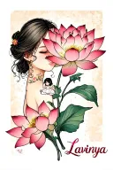 Lotus flower on shoulder with airy petals. “Lavinya” in script along stem. Small girl figure inside the flower. Fine-lin tattoo design idea