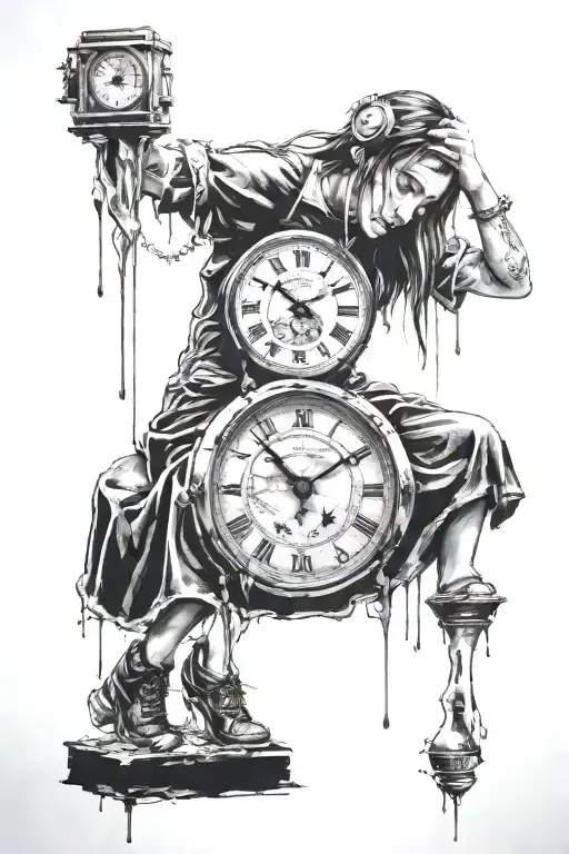 Banksy girl surrounded by melting clock tattoo design idea