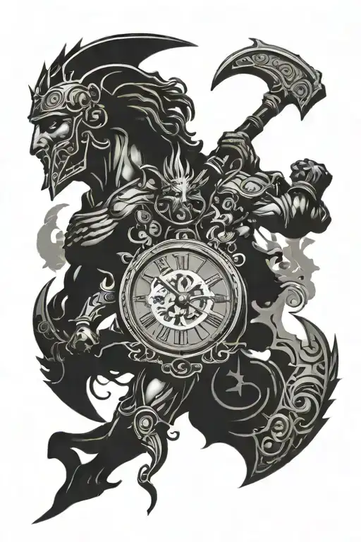ancient Greek mythology, Ares god of war, a clock mechanism intertwined tattoo design idea
