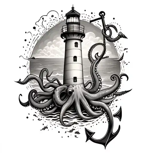 sea with lighthouse with octopus and anchor tattoo design idea