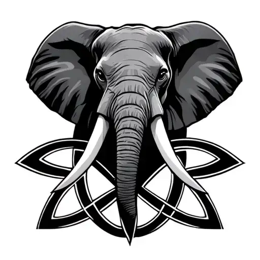 African elephant head long tusks full face with Celtic trinity knot behind tattoo design idea