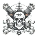 big container ship with stacks of containers with a skull and anchor below and with text below that says "MUTINY" tattoo design idea