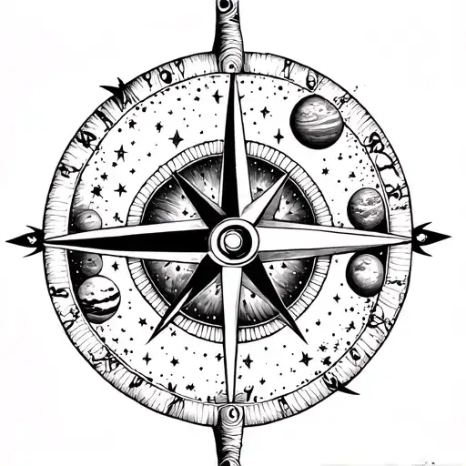 A celestial compass tattoo with each direction representing a different family member, surrounded by planets and stars tattoo design idea