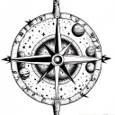 A celestial compass tattoo with each direction representing a different family member, surrounded by planets and stars tattoo design idea