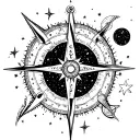 A celestial compass tattoo with each direction representing a different family member, surrounded by planets and stars tattoo design idea