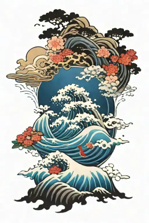 Waves, clouds, flowers japanese style tattoo design idea